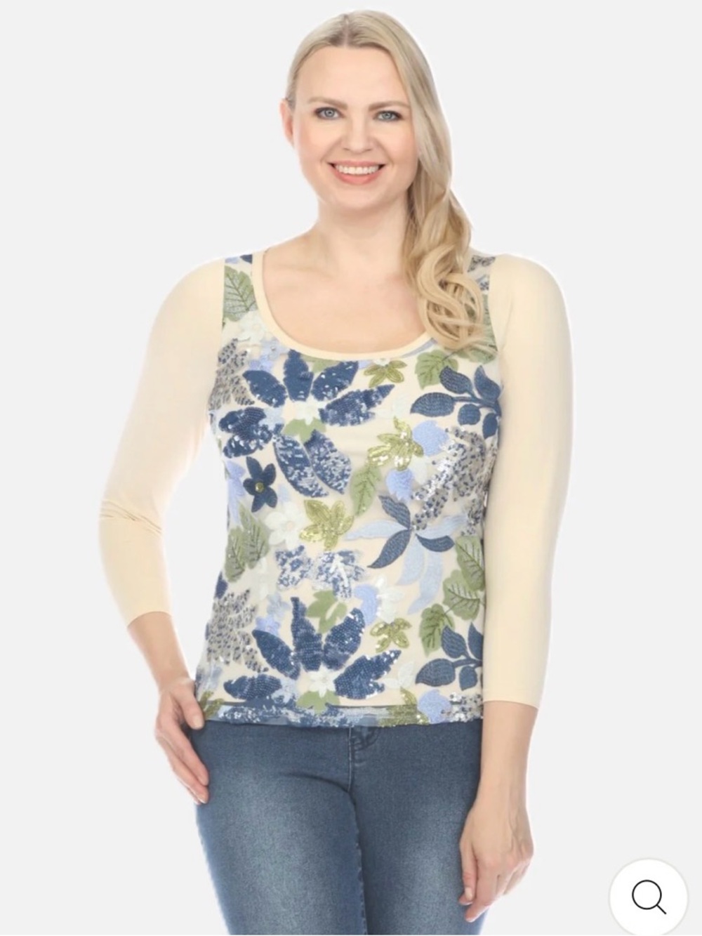 Scoop Neck Floral Long Sleeve Top - Cream/Blue